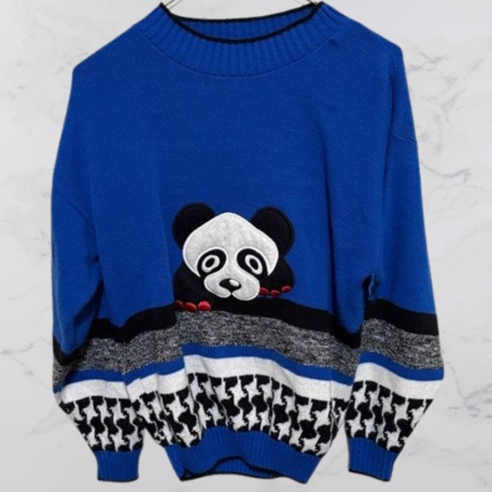 Vintage 70's CENTENNIAL Panda Bear Red White Girl Christmas Sweater